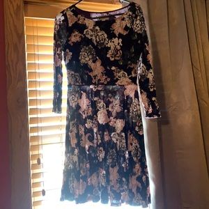 Knee length maroon with cream and pink flowers Loft Dress.